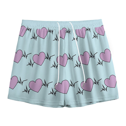 Pink Heartbeat Pattern Print Mesh Shorts