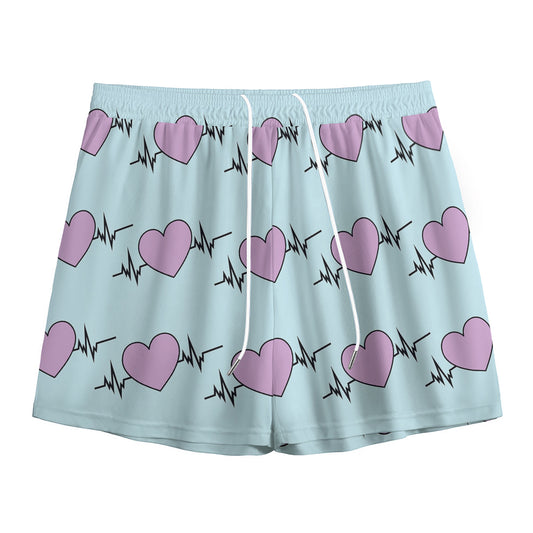 Pink Heartbeat Pattern Print Mesh Shorts