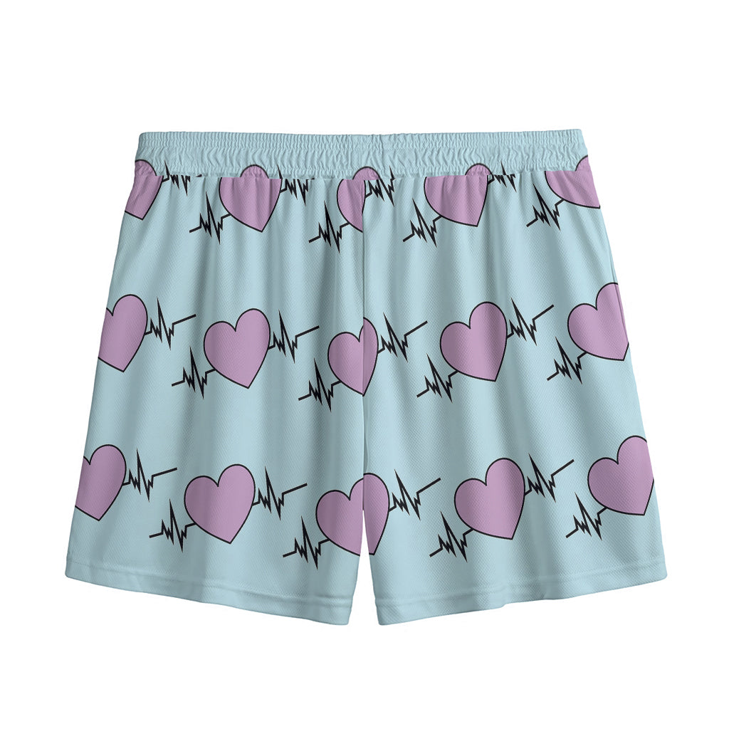 Pink Heartbeat Pattern Print Mesh Shorts