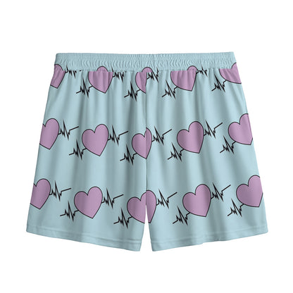 Pink Heartbeat Pattern Print Mesh Shorts