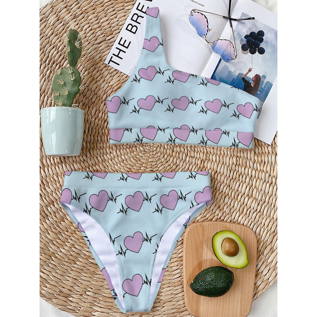Pink Heartbeat Pattern Print One Shoulder Bikini Top