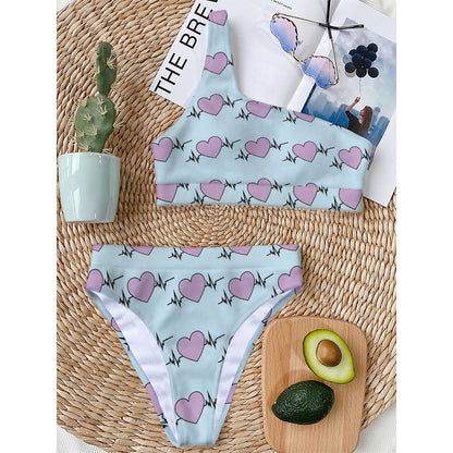 Pink Heartbeat Pattern Print One Shoulder Bikini Top