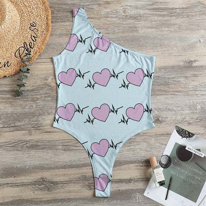 Pink Heartbeat Pattern Print One Shoulder Bodysuit