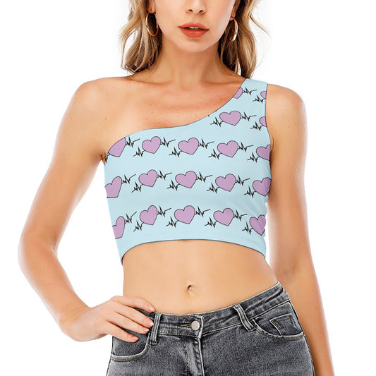 Pink Heartbeat Pattern Print One Shoulder Crop Top