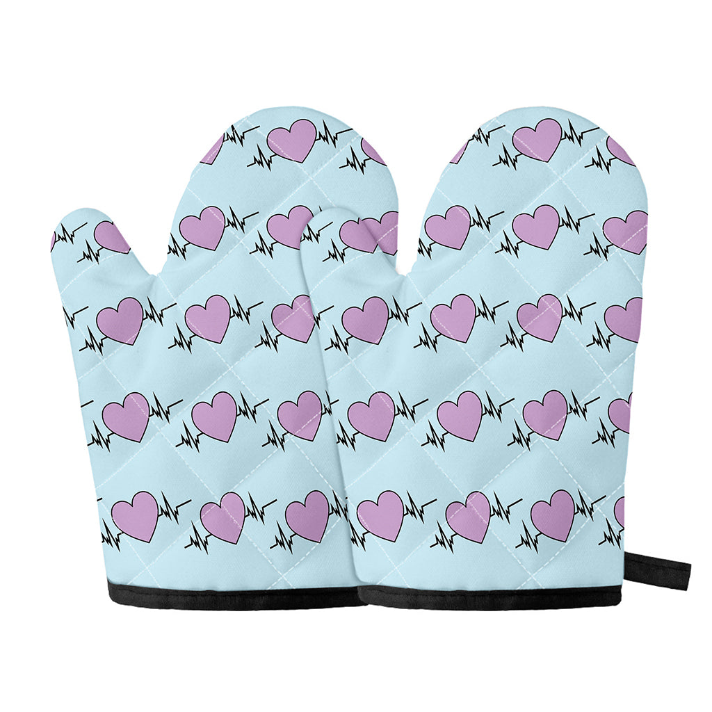 Pink Heartbeat Pattern Print Oven Mitts