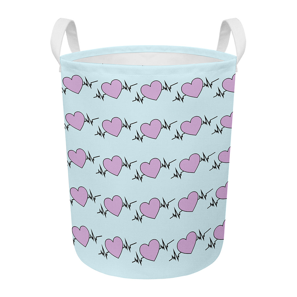 Pink Heartbeat Pattern Print Round Laundry Basket