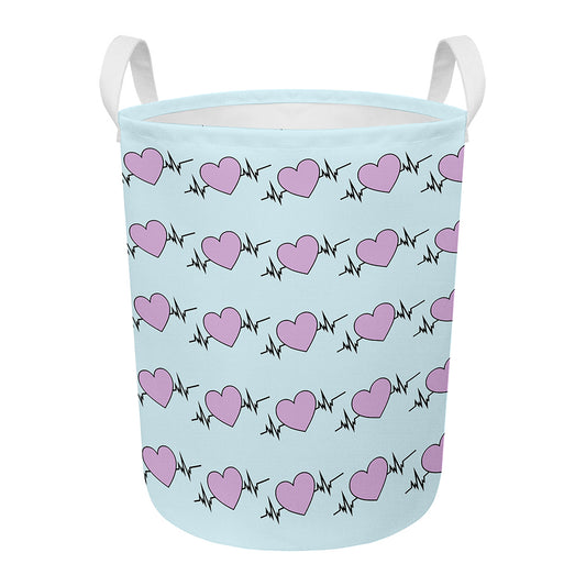 Pink Heartbeat Pattern Print Round Laundry Basket