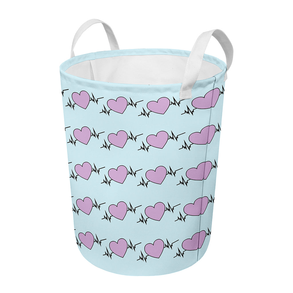 Pink Heartbeat Pattern Print Round Laundry Basket