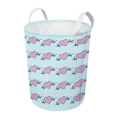 Pink Heartbeat Pattern Print Round Laundry Basket