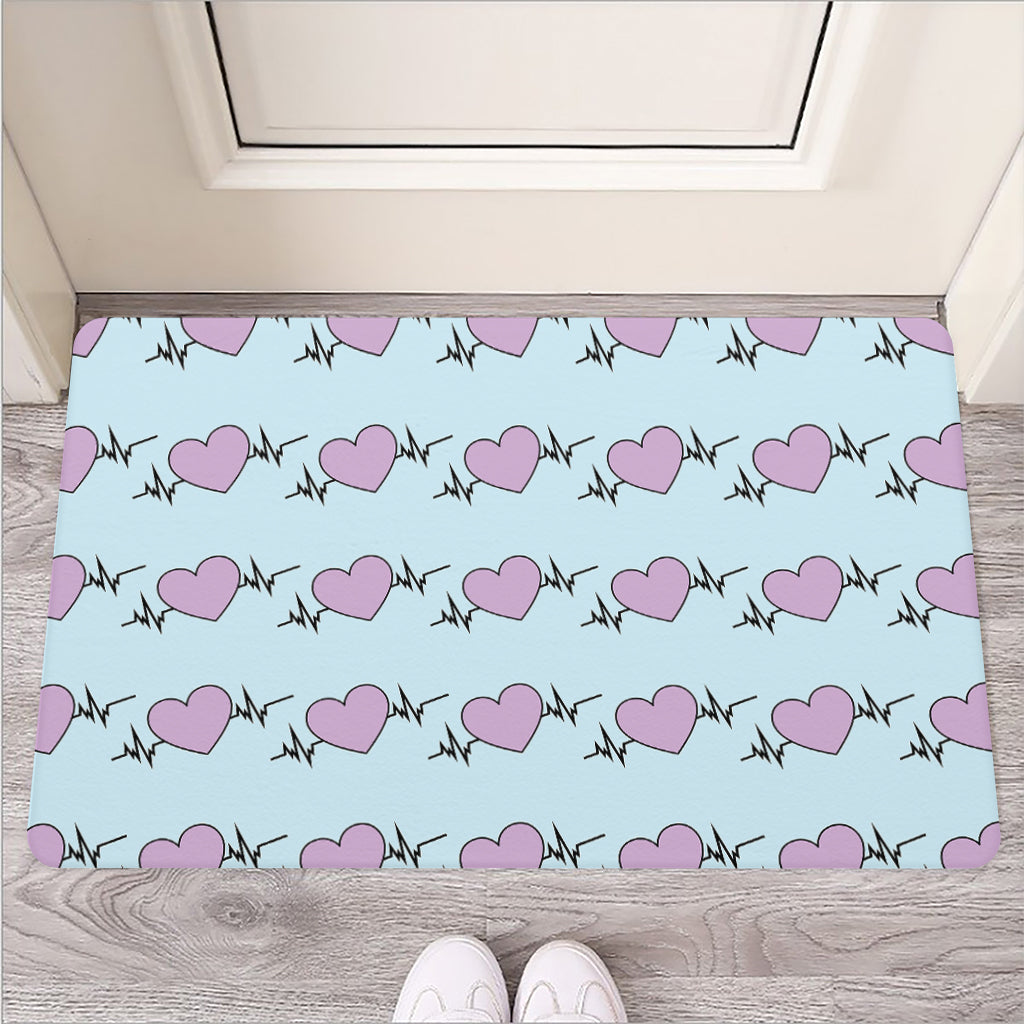 Pink Heartbeat Pattern Print Rubber Doormat