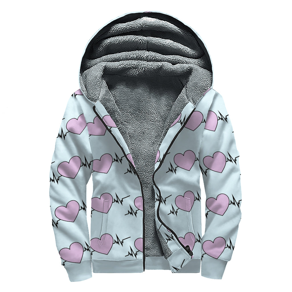 Pink Heartbeat Pattern Print Sherpa Lined Zip Up Hoodie