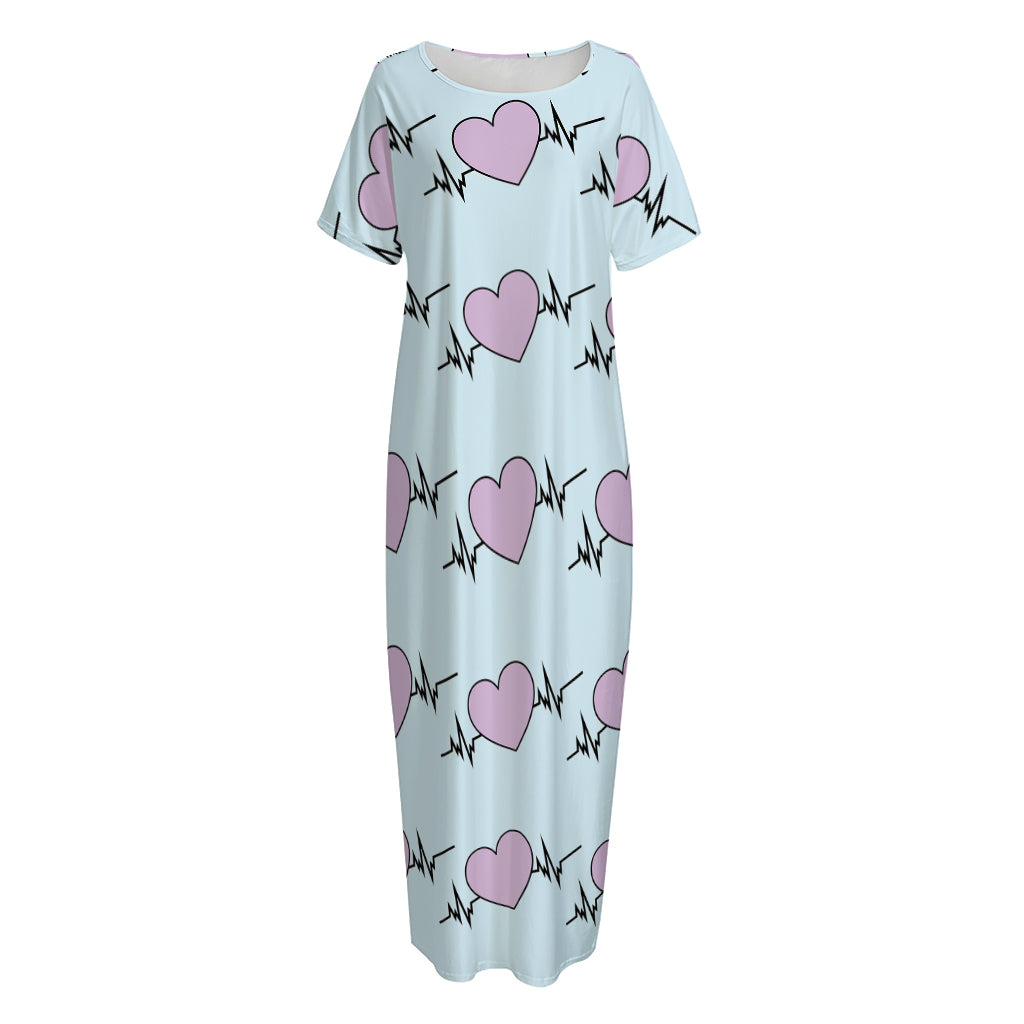 Pink Heartbeat Pattern Print Short Sleeve Long Nightdress