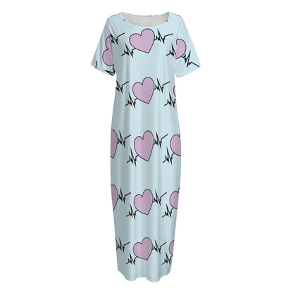 Pink Heartbeat Pattern Print Short Sleeve Long Nightdress