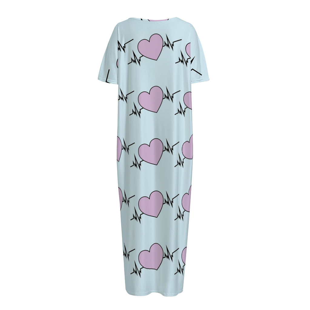 Pink Heartbeat Pattern Print Short Sleeve Long Nightdress