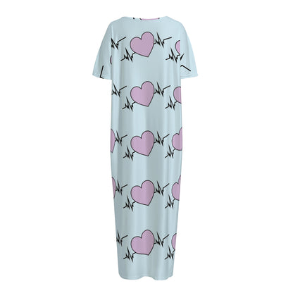 Pink Heartbeat Pattern Print Short Sleeve Long Nightdress