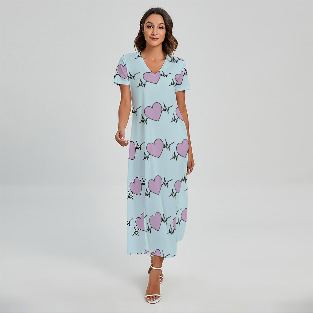 Pink Heartbeat Pattern Print Short Sleeve Maxi Dress