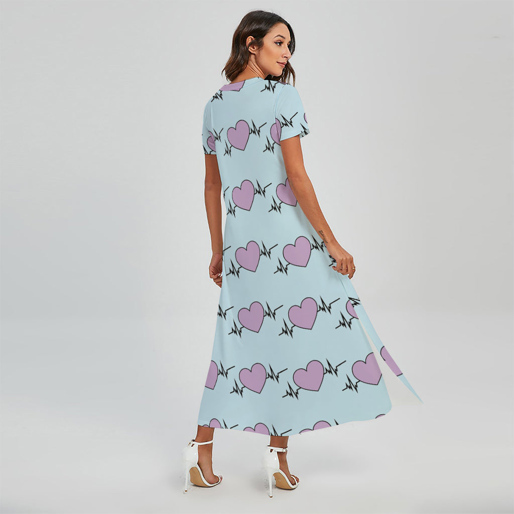 Pink Heartbeat Pattern Print Short Sleeve Maxi Dress