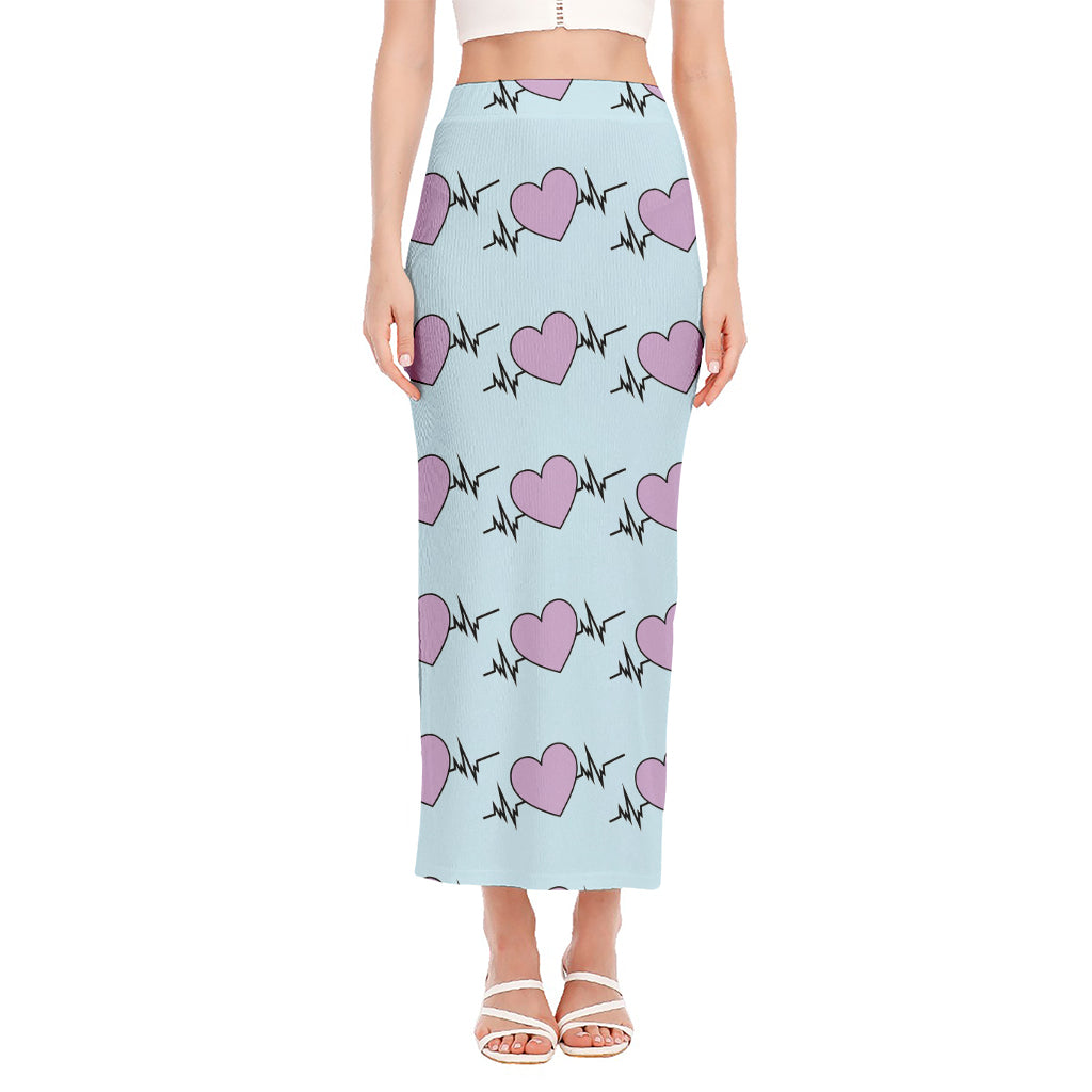 Pink Heartbeat Pattern Print Side Slit Maxi Skirt