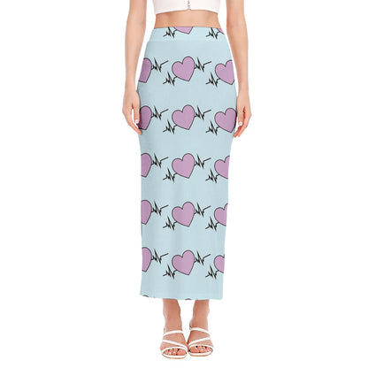 Pink Heartbeat Pattern Print Side Slit Maxi Skirt
