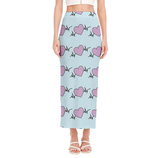 Pink Heartbeat Pattern Print Side Slit Maxi Skirt
