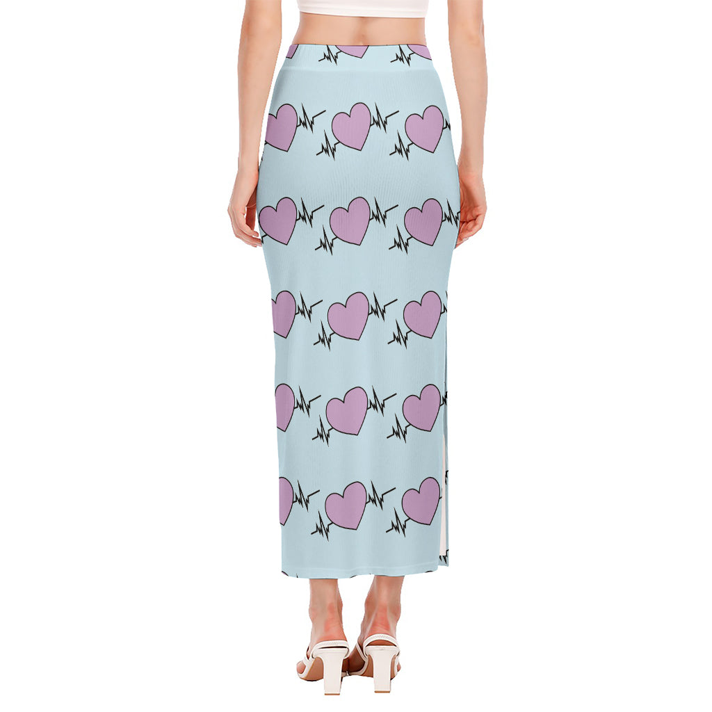 Pink Heartbeat Pattern Print Side Slit Maxi Skirt
