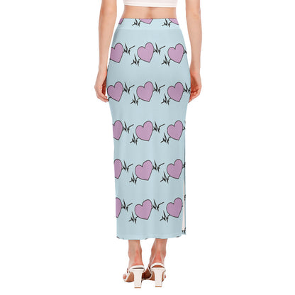 Pink Heartbeat Pattern Print Side Slit Maxi Skirt