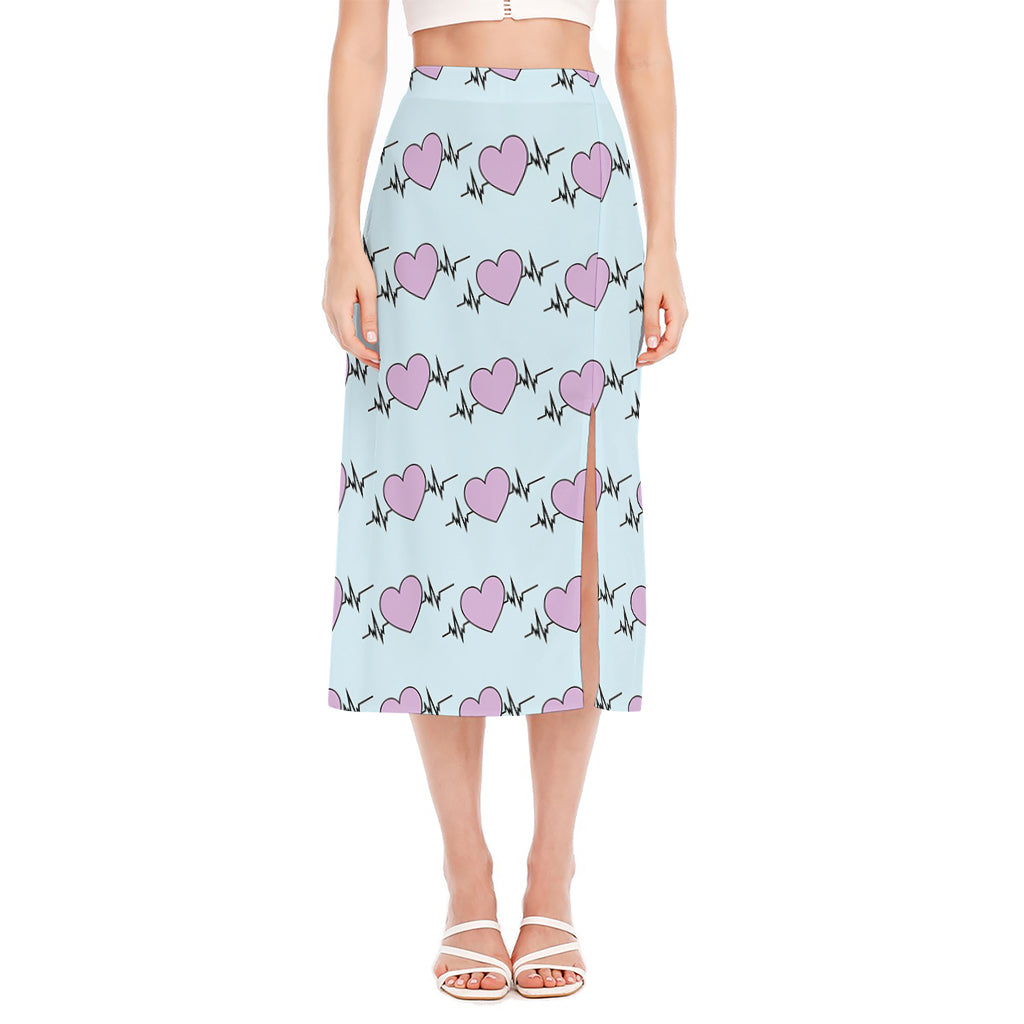 Pink Heartbeat Pattern Print Side Slit Midi Skirt