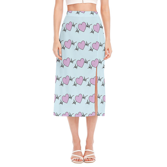 Pink Heartbeat Pattern Print Side Slit Midi Skirt