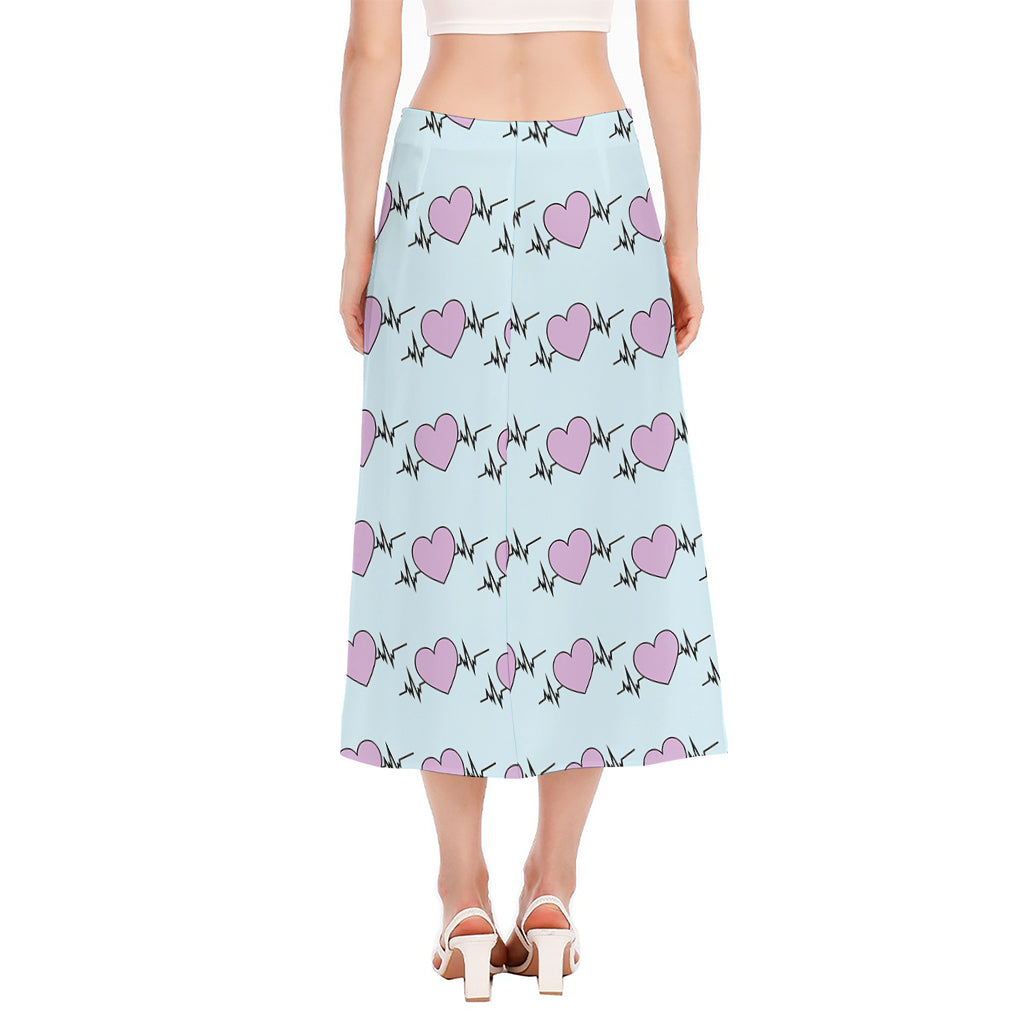 Pink Heartbeat Pattern Print Side Slit Midi Skirt