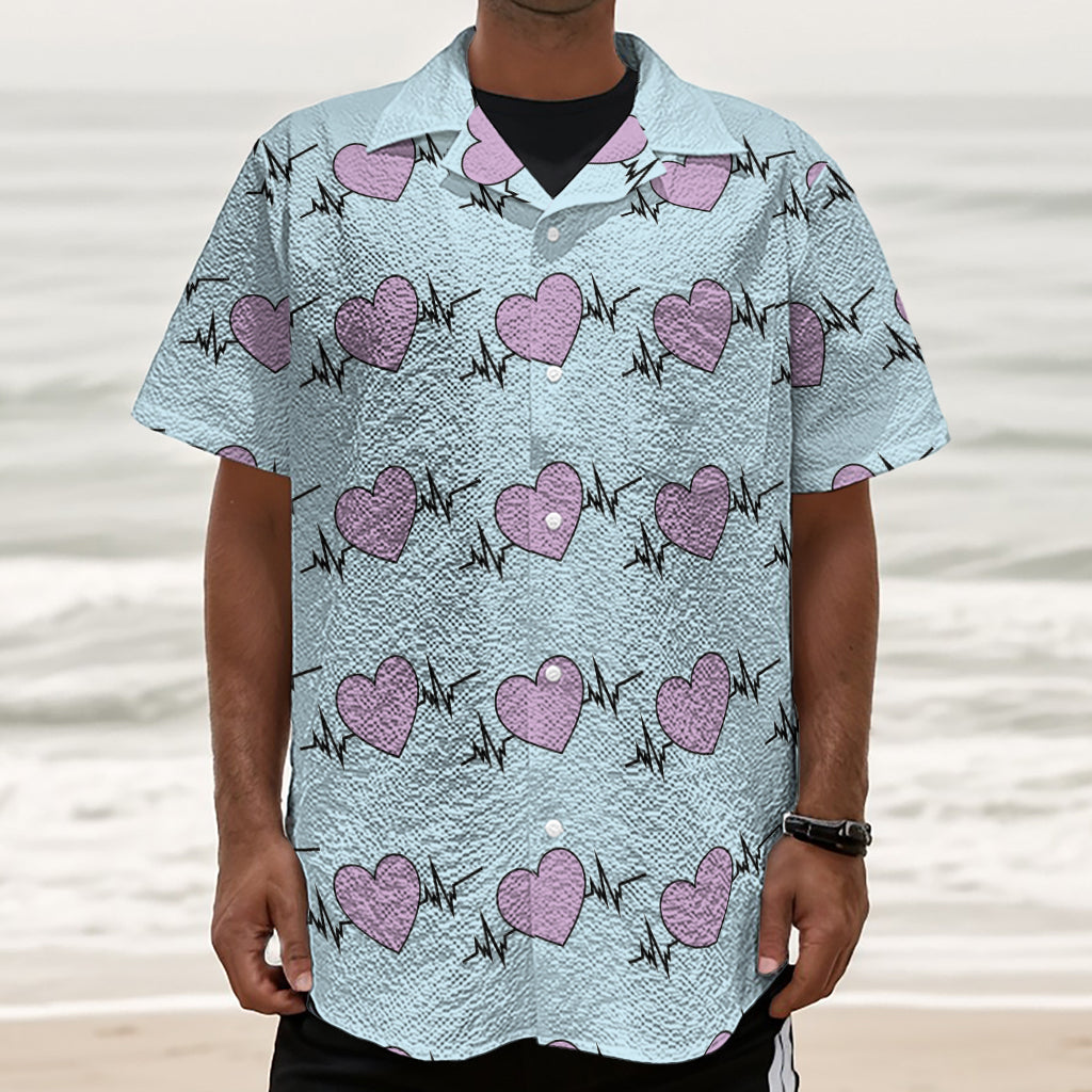 Pink Heartbeat Pattern Print Textured Short Sleeve Shirt