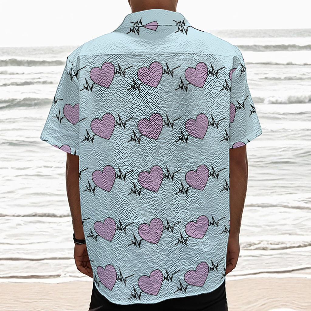 Pink Heartbeat Pattern Print Textured Short Sleeve Shirt