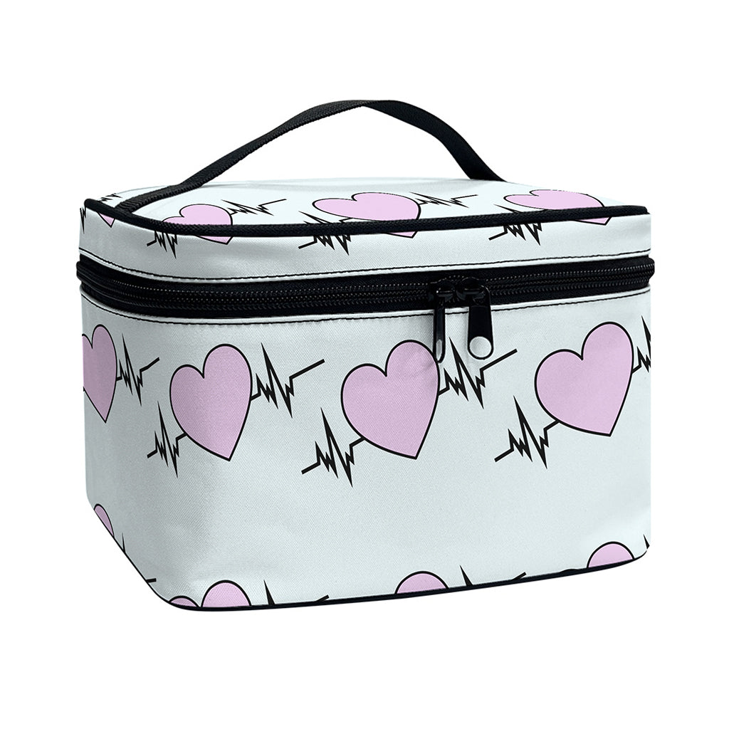 Pink Heartbeat Pattern Print Travel Makeup Bag