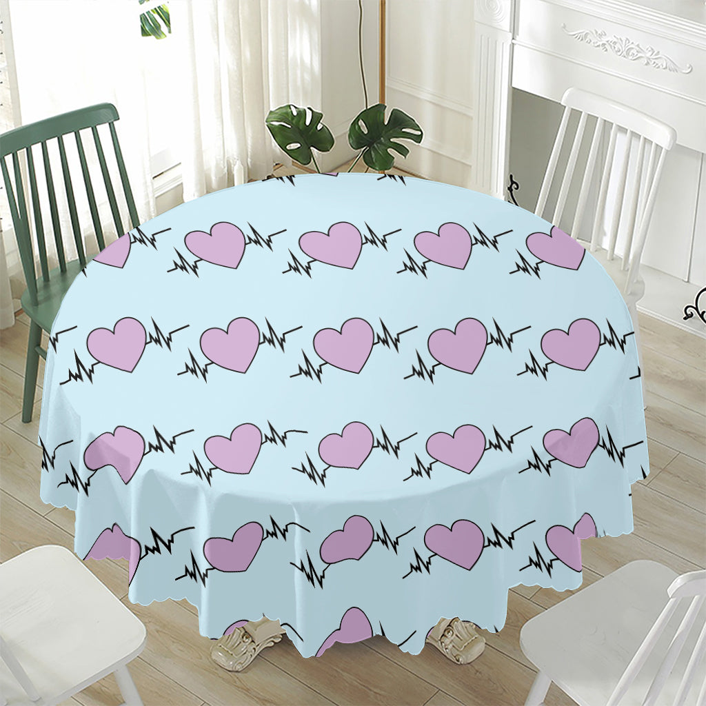 Pink Heartbeat Pattern Print Waterproof Round Tablecloth