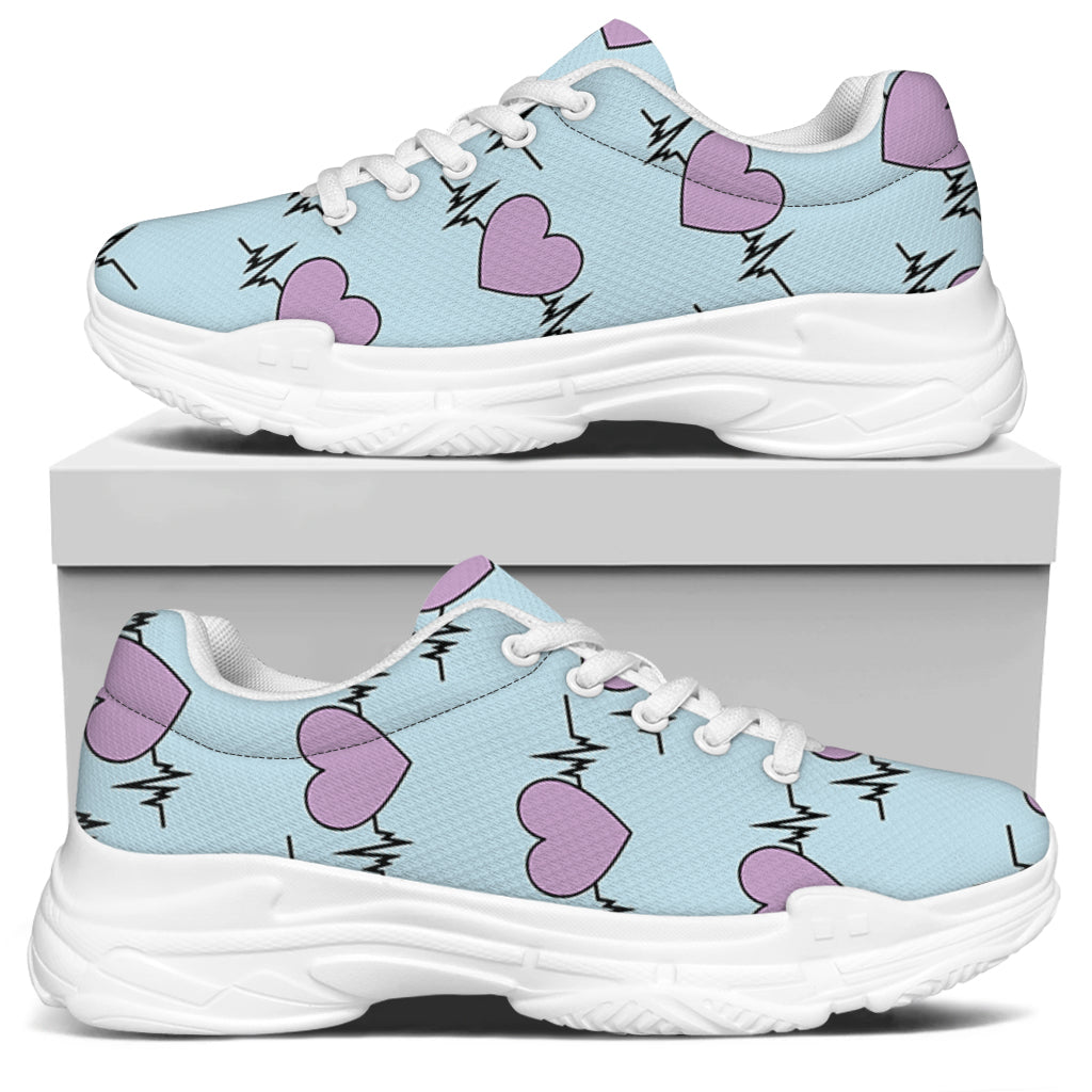 Pink Heartbeat Pattern Print White Chunky Shoes