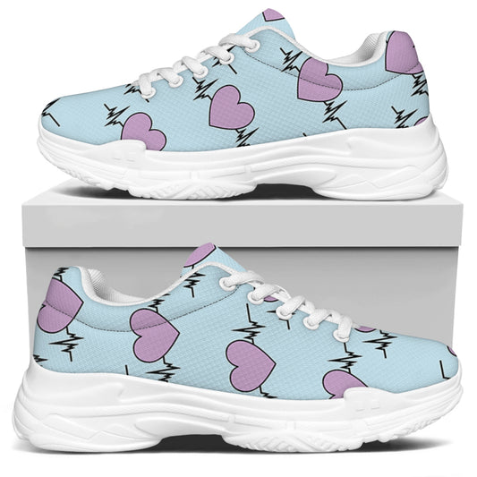 Pink Heartbeat Pattern Print White Chunky Shoes