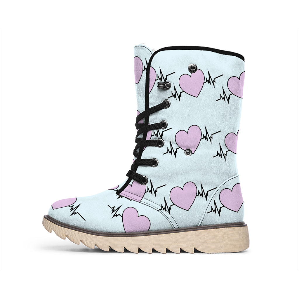 Pink Heartbeat Pattern Print Winter Boots