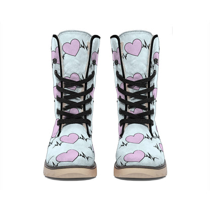 Pink Heartbeat Pattern Print Winter Boots