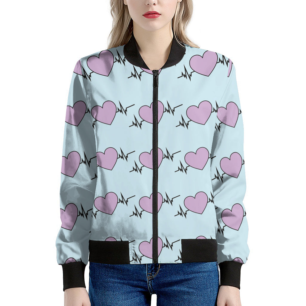 Pink Heartbeat Pattern Print Women's Bomber Jacket