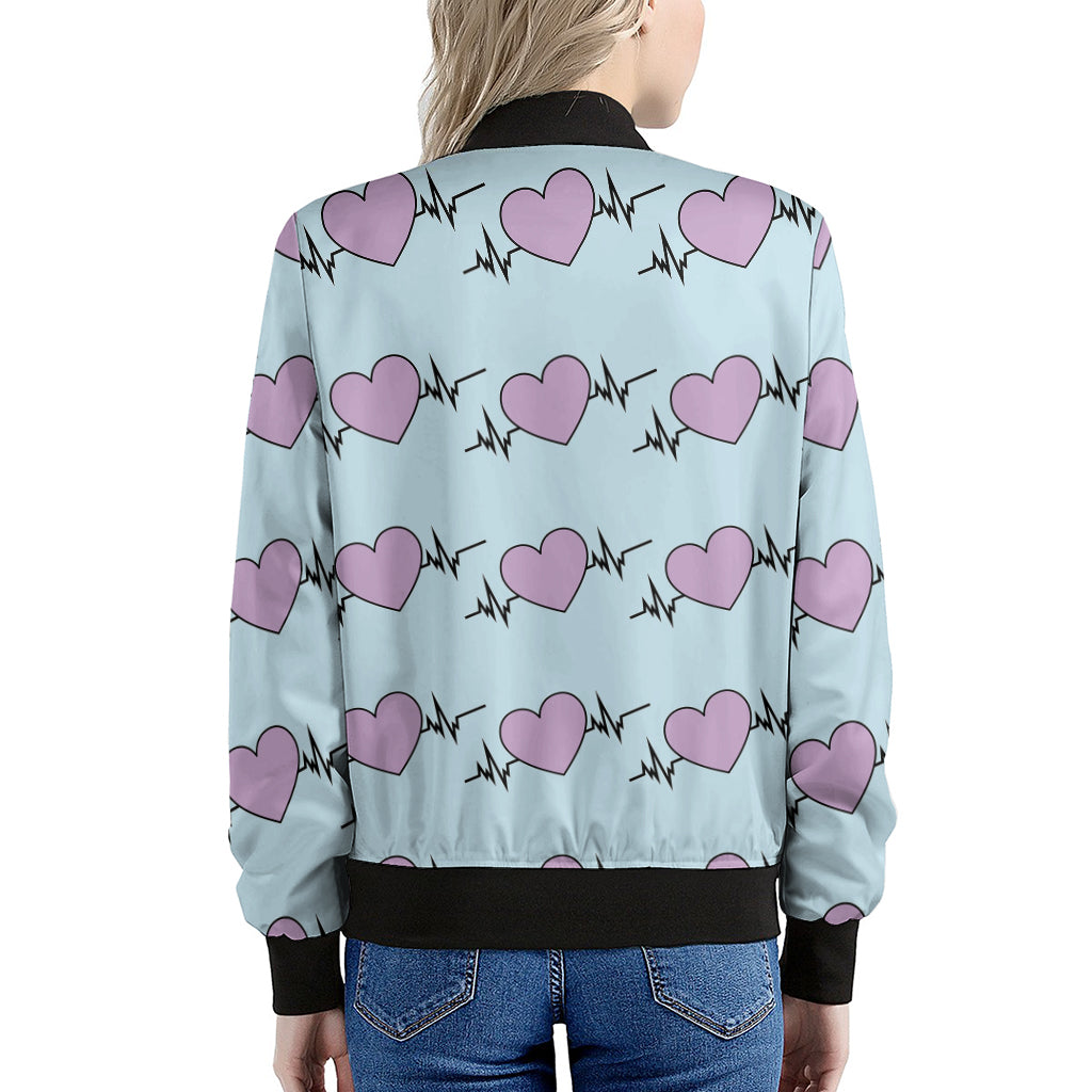 Pink Heartbeat Pattern Print Women's Bomber Jacket
