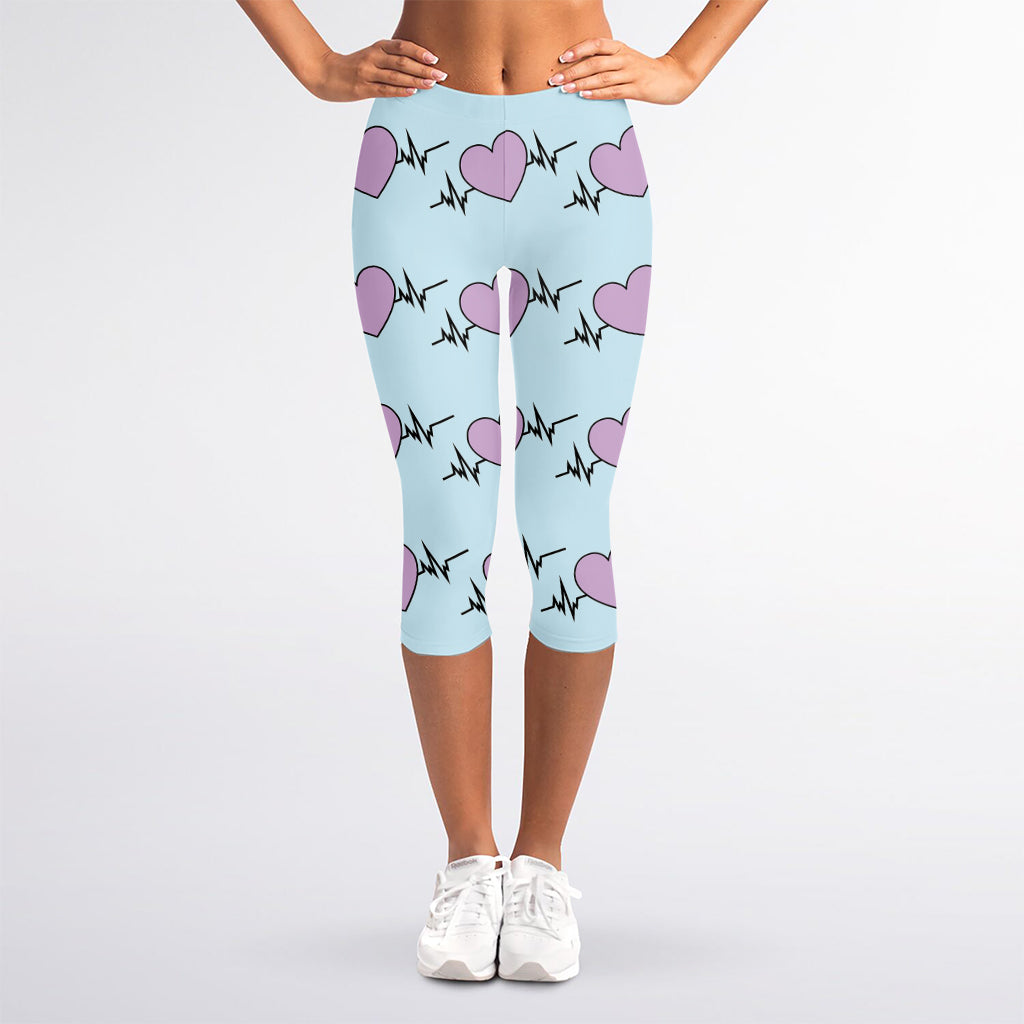 Pink Heartbeat Pattern Print Women's Capri Leggings