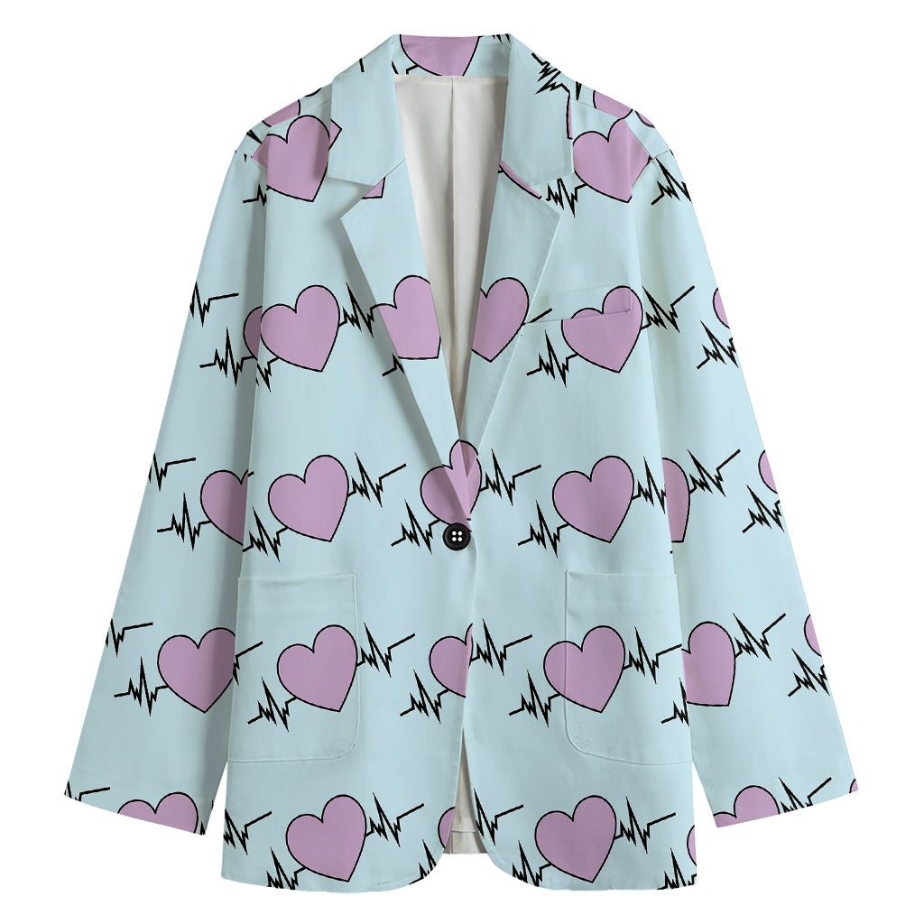 Pink Heartbeat Pattern Print Women's Cotton Blazer