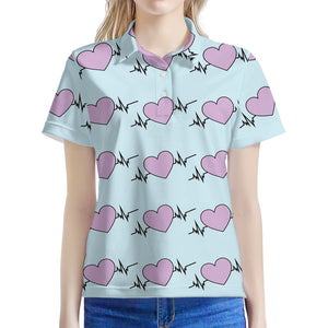 Pink Heartbeat Pattern Print Women's Polo Shirt