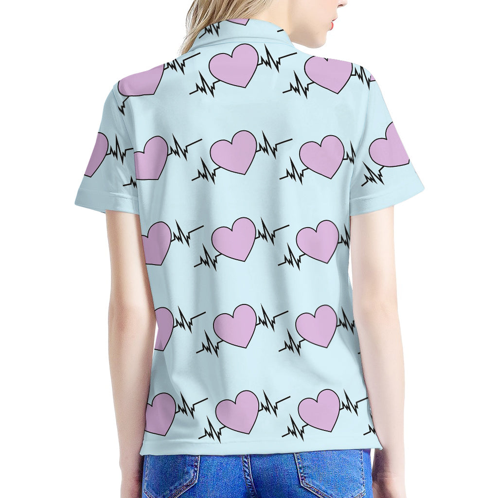 Pink Heartbeat Pattern Print Women's Polo Shirt