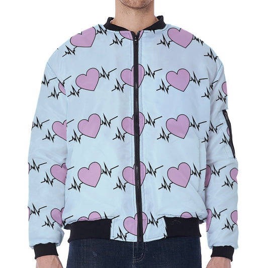 Pink Heartbeat Pattern Print Zip Sleeve Bomber Jacket