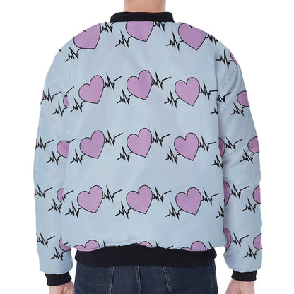 Pink Heartbeat Pattern Print Zip Sleeve Bomber Jacket