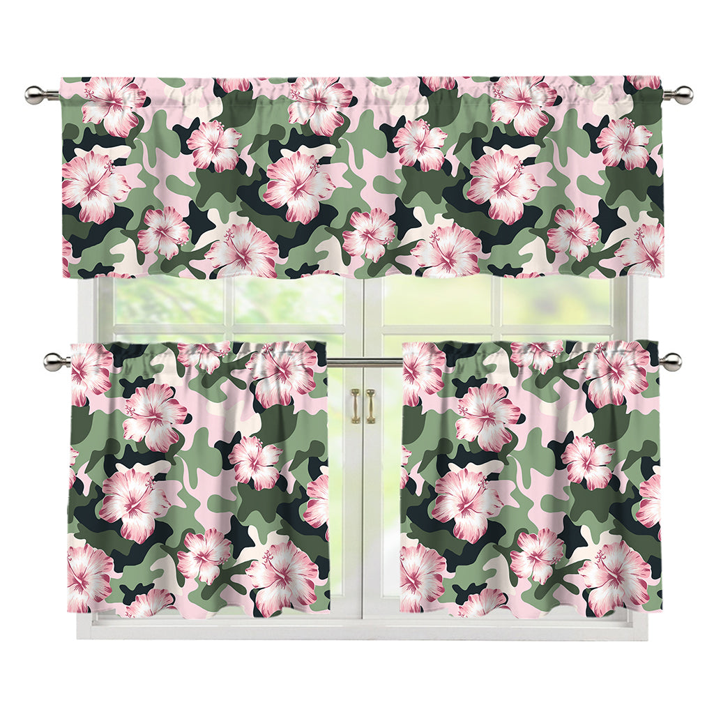 Pink Hibiscus Flower Camouflage Print 3 Piece Kitchen Curtains