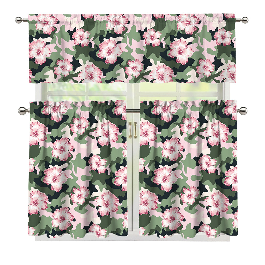 Pink Hibiscus Flower Camouflage Print 3 Piece Kitchen Curtains
