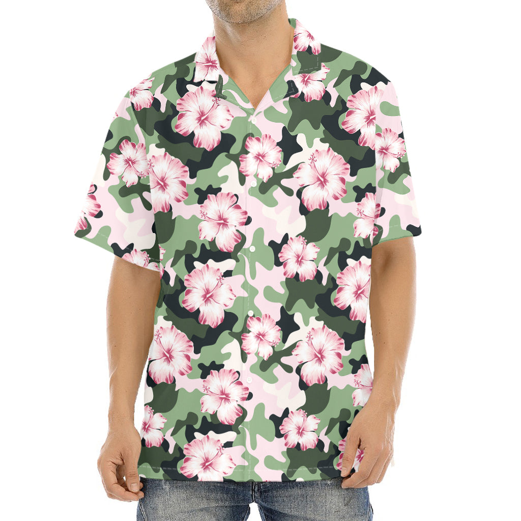 Pink Hibiscus Flower Camouflage Print Aloha Shirt