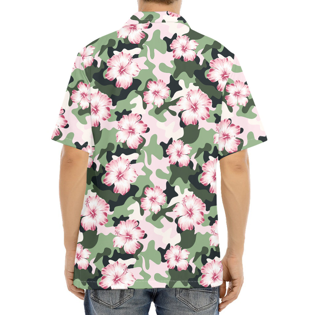 Pink Hibiscus Flower Camouflage Print Aloha Shirt