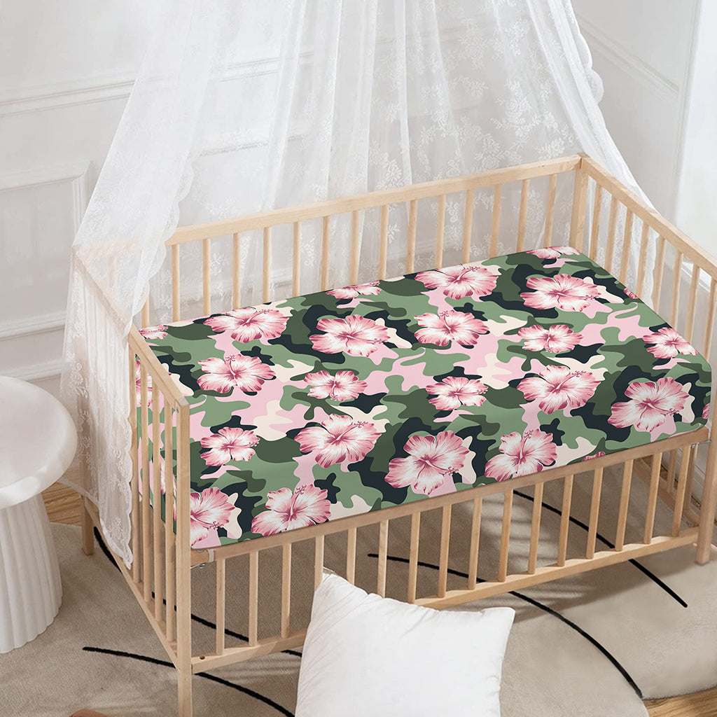 Pink Hibiscus Flower Camouflage Print Baby Crib Sheet